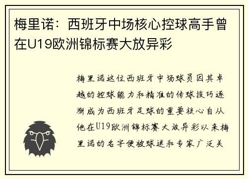 梅里诺：西班牙中场核心控球高手曾在U19欧洲锦标赛大放异彩
